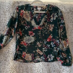 A New Day Floral V-Neck Blouse - Dark Green and Red